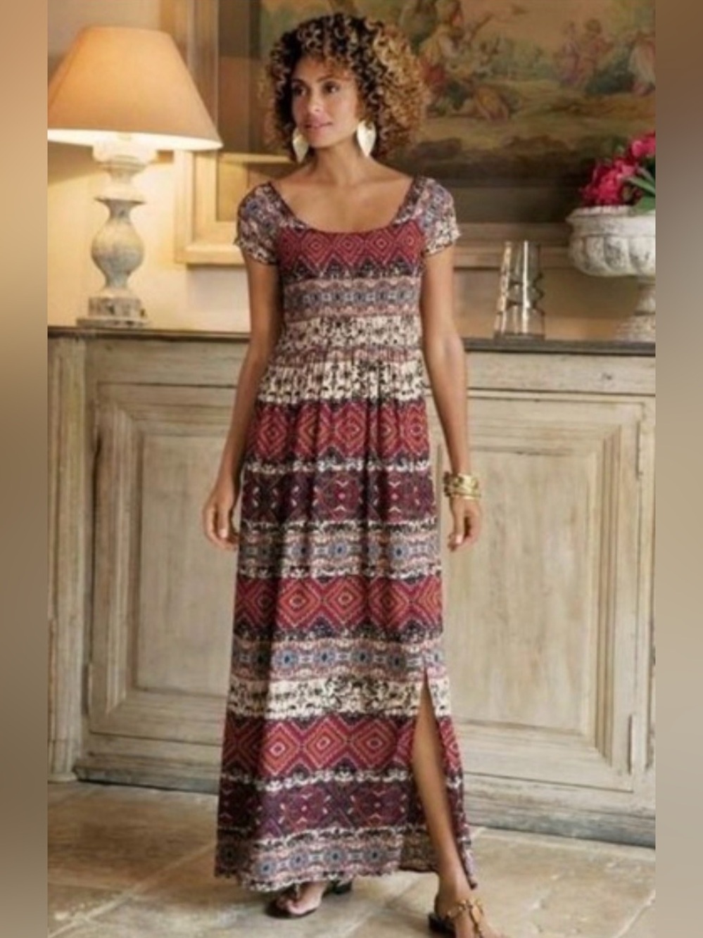 Soft Surroundings 'Marcelo' smocked short sleeves maxi dress size PM